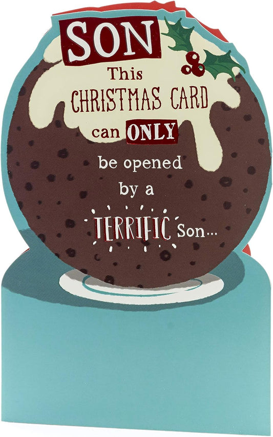 Christmas pudding laughter greeting card from UK Greetings featuring festive holiday design and cheerful message for a son