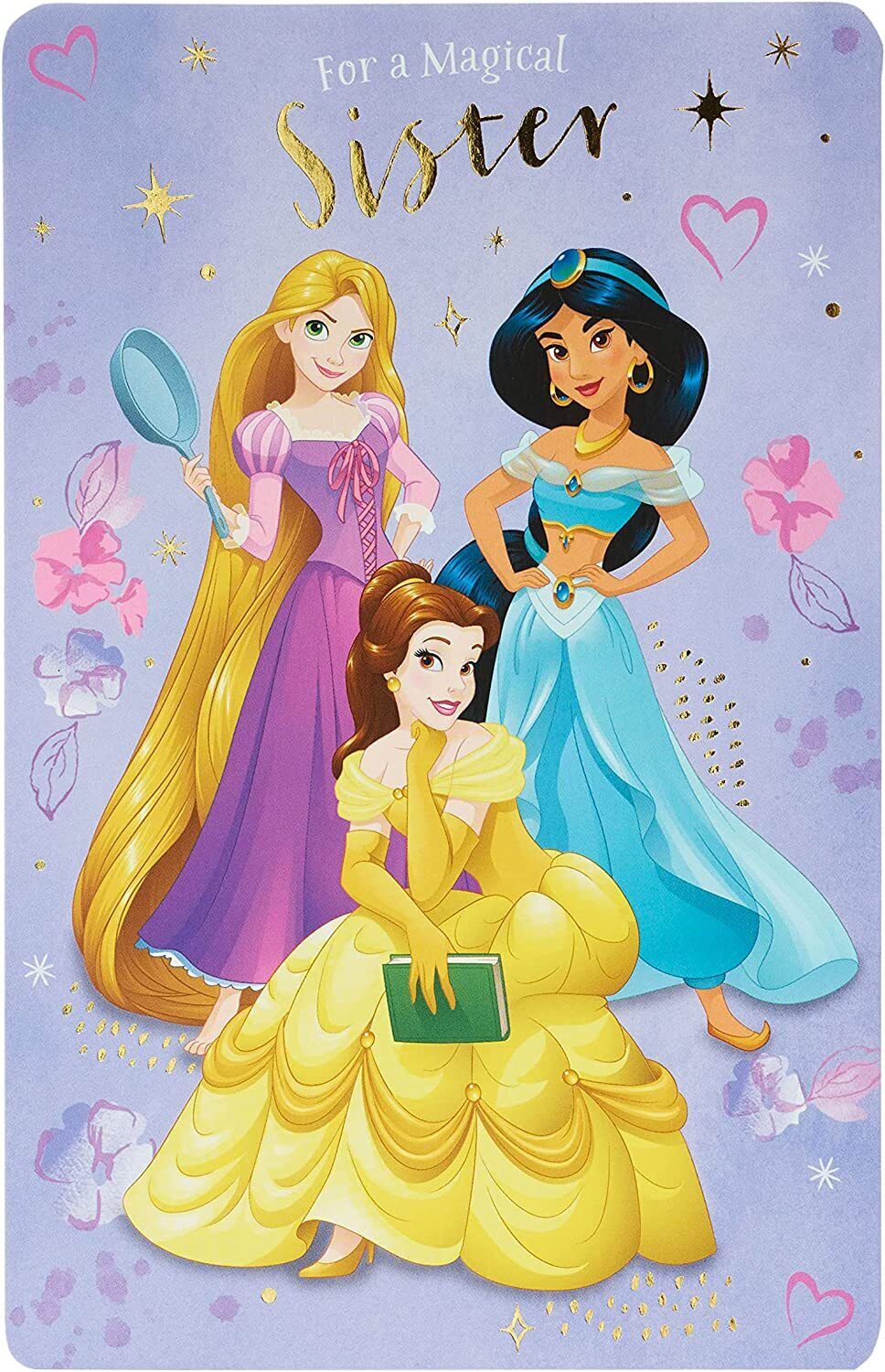 Disney Princess birthday greeting card featuring magical sister design, UK Greetings' colorful, festive illustration.
