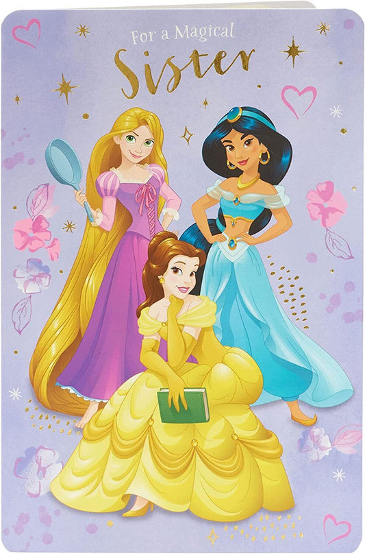 Disney Princess birthday greeting card featuring a magical sister theme from UK Greetings, with colorful princess illustrations.