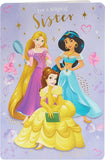 Disney Princess birthday greeting card featuring a magical sister theme from UK Greetings, with colorful princess illustrations.