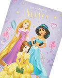Disney Princess birthday greeting card featuring a magical sister theme, with vibrant princess illustrations and celebratory design.