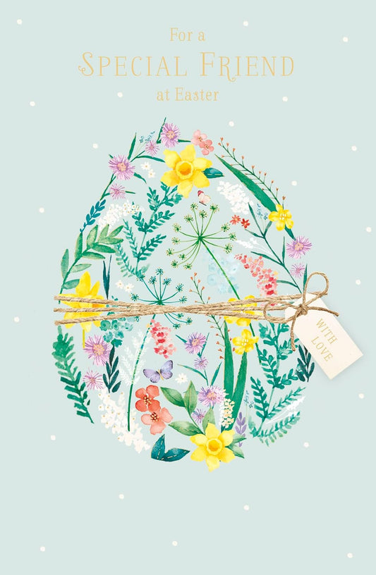 UK Greetings Easter greeting card titled "For A Special Friend With Love" featuring colorful floral designs and heartfelt message.