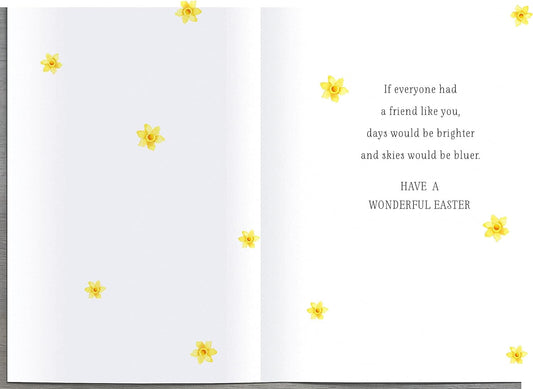 UK Greetings Easter greeting card featuring a heartfelt message for a special friend, decorated with festive floral and love-themed designs.