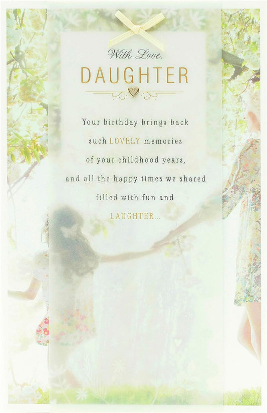 UK Greetings daughter's birthday greeting card featuring childhood memories theme with colorful, nostalgic design.