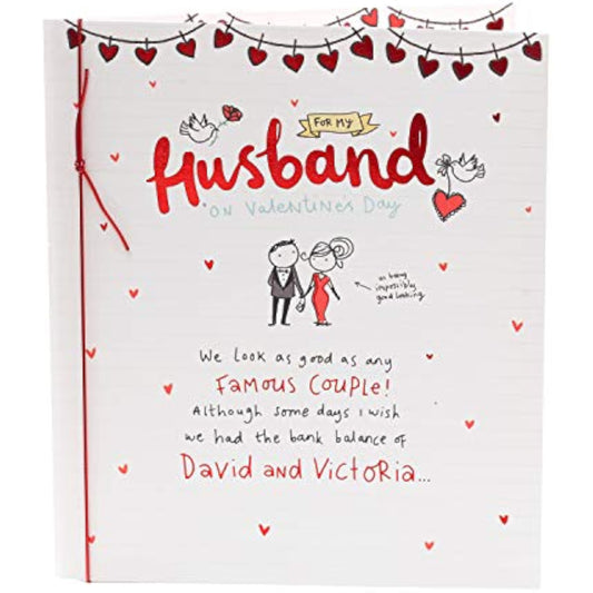 Valentine's Day greeting card featuring a couple design for husbands from UK Greetings, with romantic and festive illustrations.