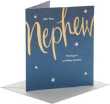 Greeting card for nephew with birthday wishes, featuring colorful design and "Wishing You a Brilliant Birthday" message.