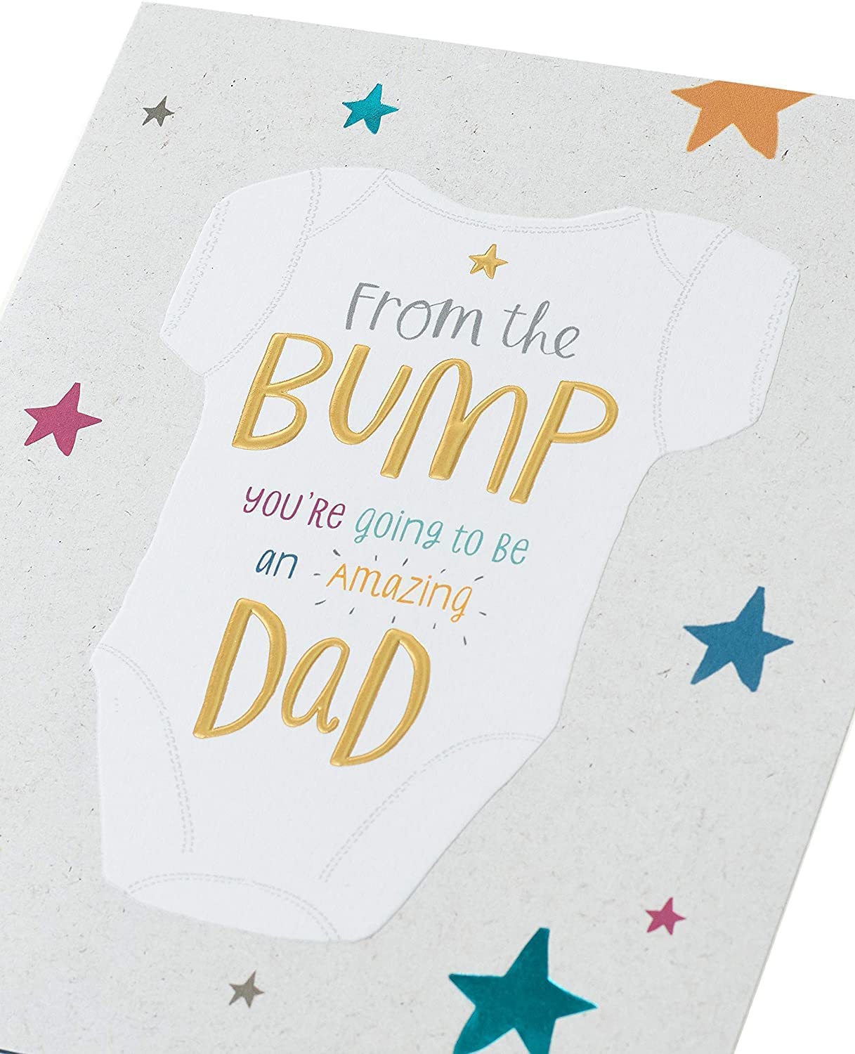 Father's Day greeting card from UK Greetings with "From The Bump Dad To Be" message and playful design.