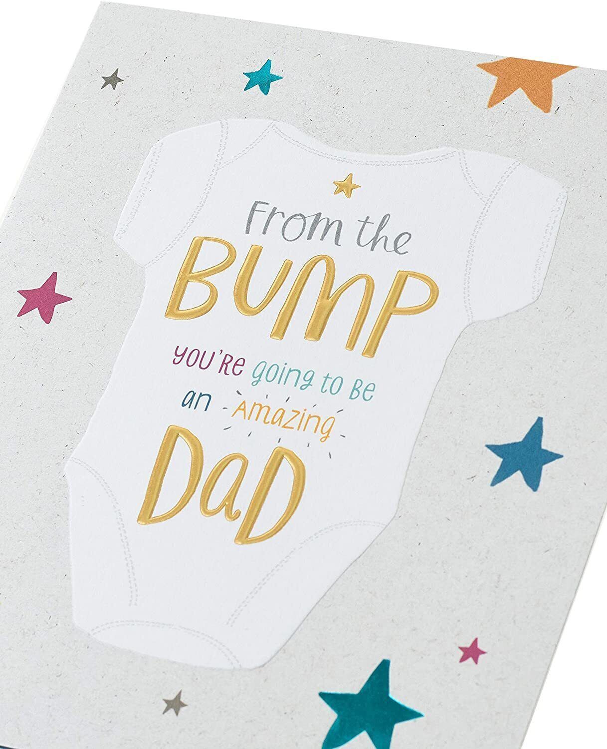Father's Day greeting card from UK Greetings featuring a "From The Bump Dad To Be" message with festive design elements.
