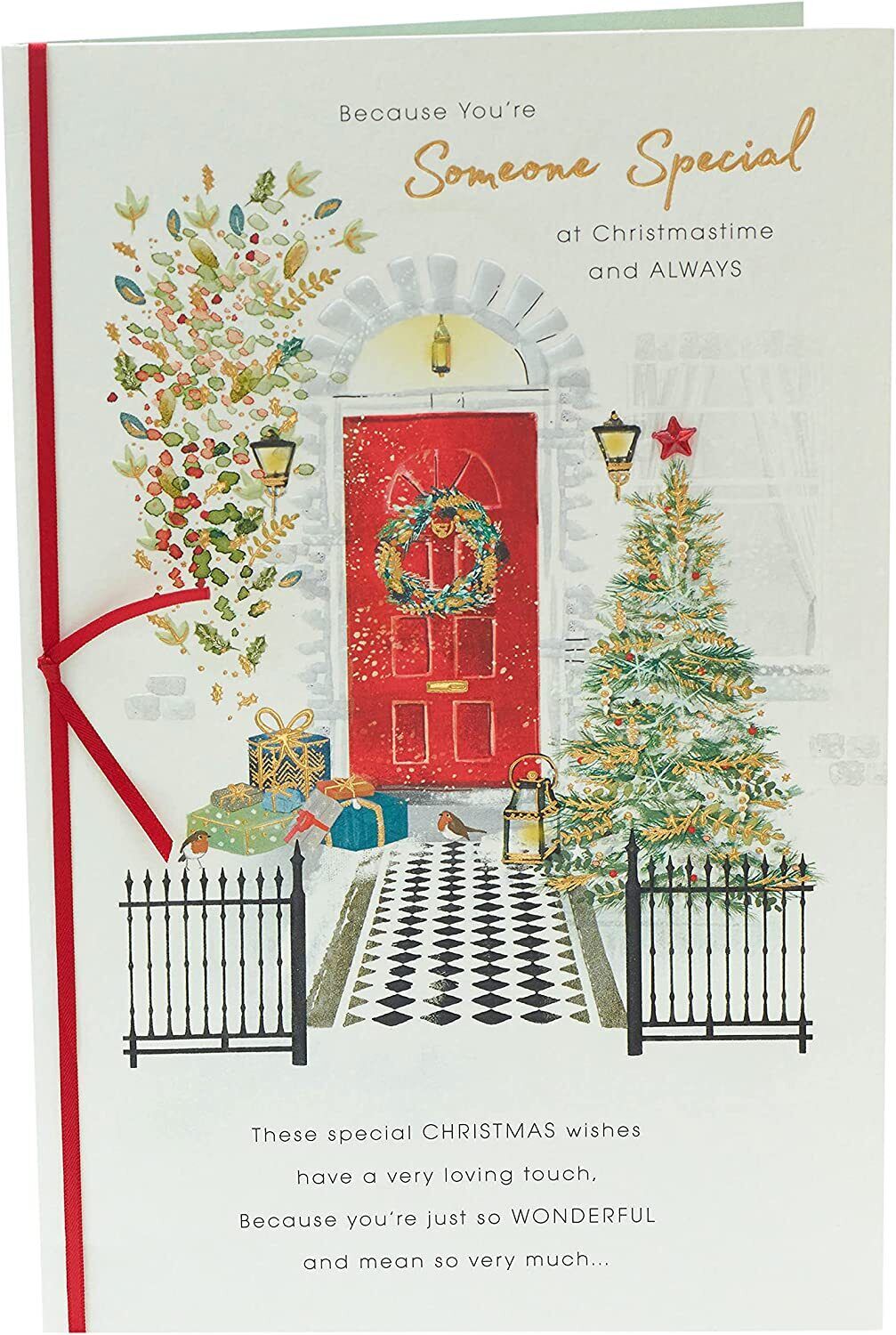 Front door scene Christmas greeting card from UK Greetings, featuring festive holiday decorations for someone special.