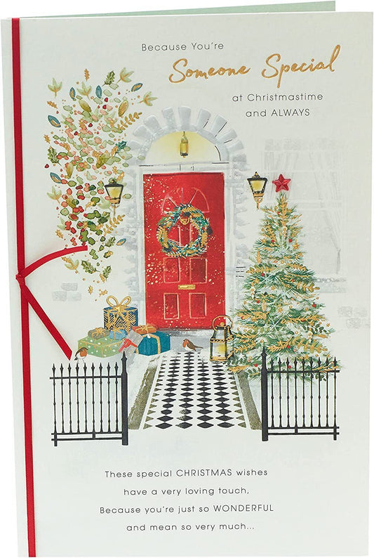 Front door scene Christmas greeting card from UK Greetings, featuring festive holiday decorations for someone special.