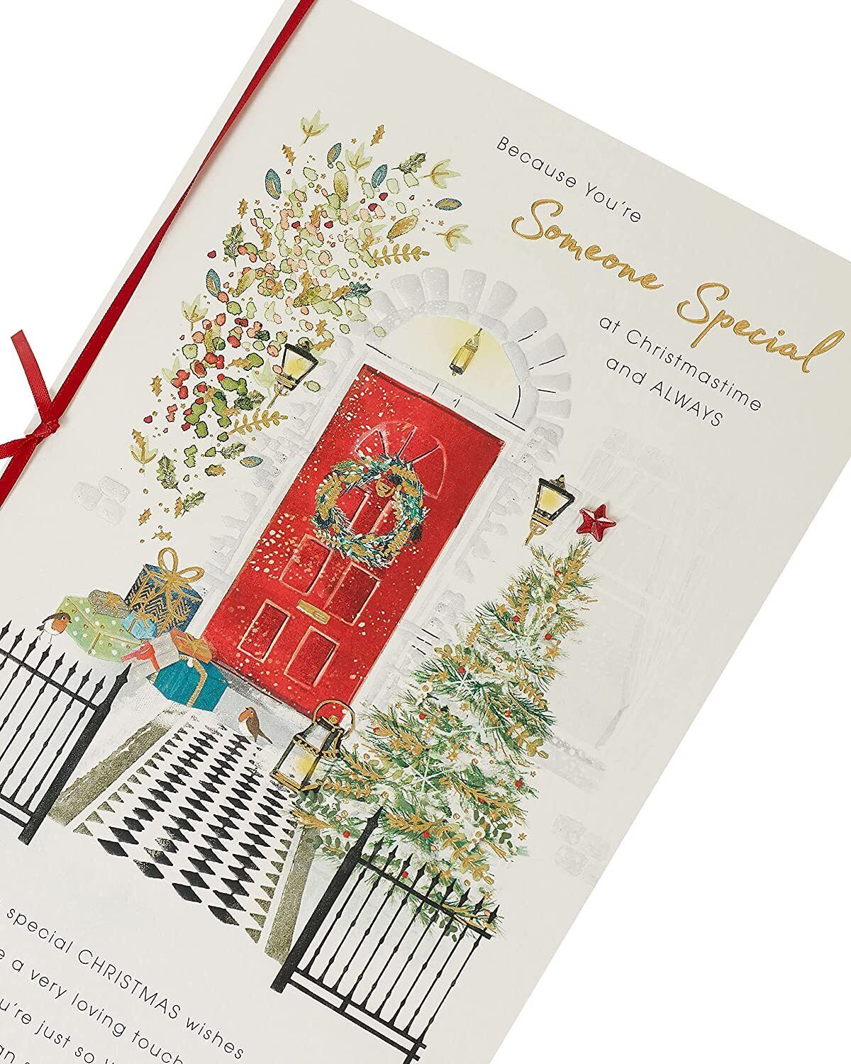 Front door scene Christmas greeting card for someone special by UK Greetings, featuring festive holiday decorations and warm winter charm.
