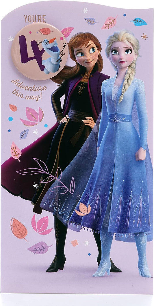 Frozen Elsa 4th birthday greeting card featuring a colorful illustration of Elsa from Disney's Frozen, perfect for celebrating a child's special day.