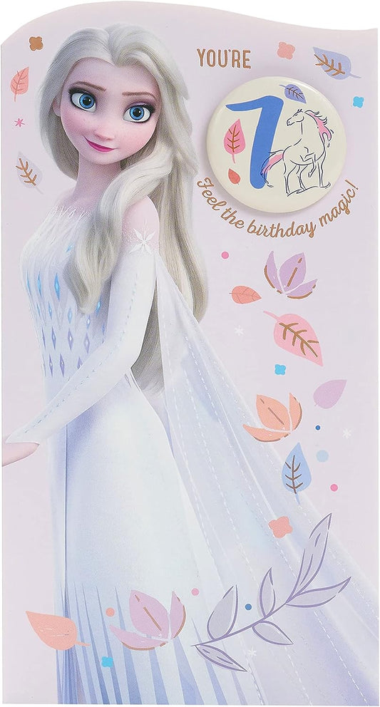 Frozen Elsa 7th birthday greeting card featuring Elsa from Disney's Frozen, designed by UK Greetings.