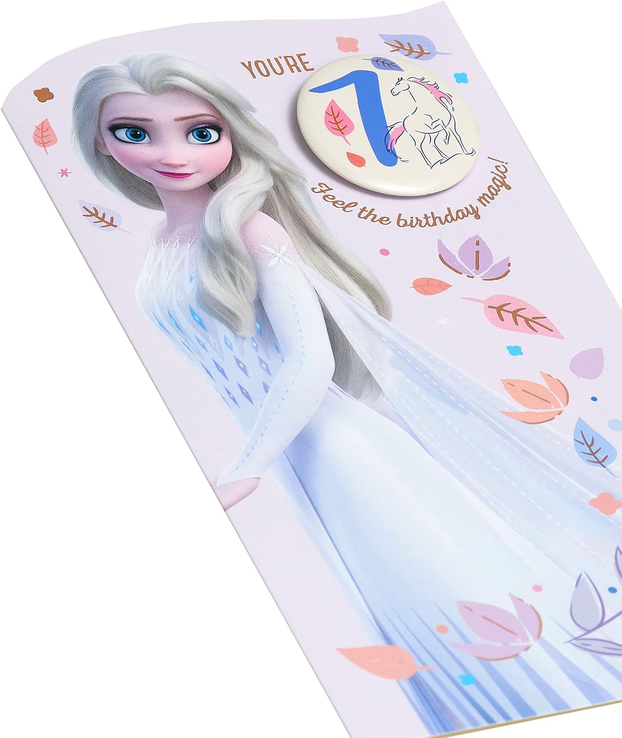 Frozen Elsa 7th birthday greeting card featuring Elsa from Disney's Frozen, designed by UK Greetings with vibrant winter-themed artwork.