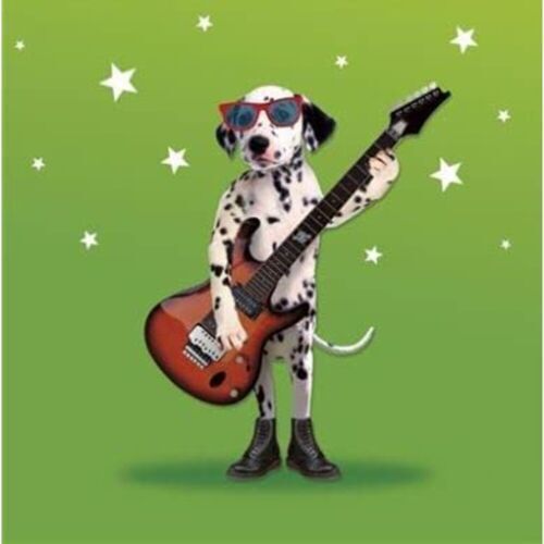 Dalmatian-themed guitar birthday greeting card by UK Greetings featuring a playful dog illustration.