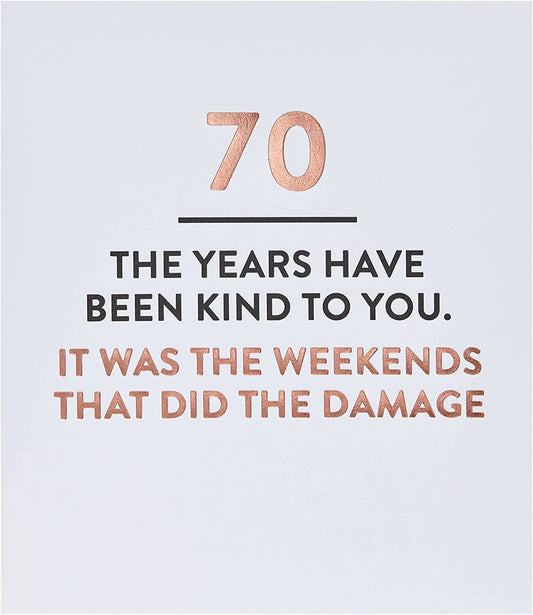 Funny 70th birthday greeting card from UK Greetings featuring humorous design and festive imagery.