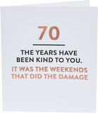 Funny 70th birthday greeting card from UK Greetings with humorous design and colorful illustrations.