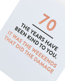 Funny 70th birthday greeting card from UK Greetings featuring colorful, humorous design suitable for celebrating a special milestone.