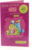 Funny Birds Wife Birthday Card with Badge from UK Greetings featuring colorful bird illustrations and cheerful design.