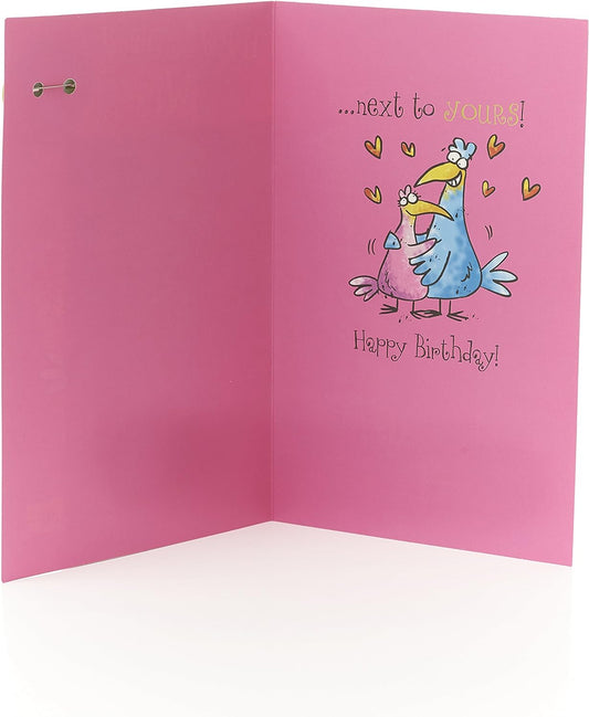 Funny Birds Wife Birthday Card from UK Greetings featuring colorful bird illustrations and a badge design.