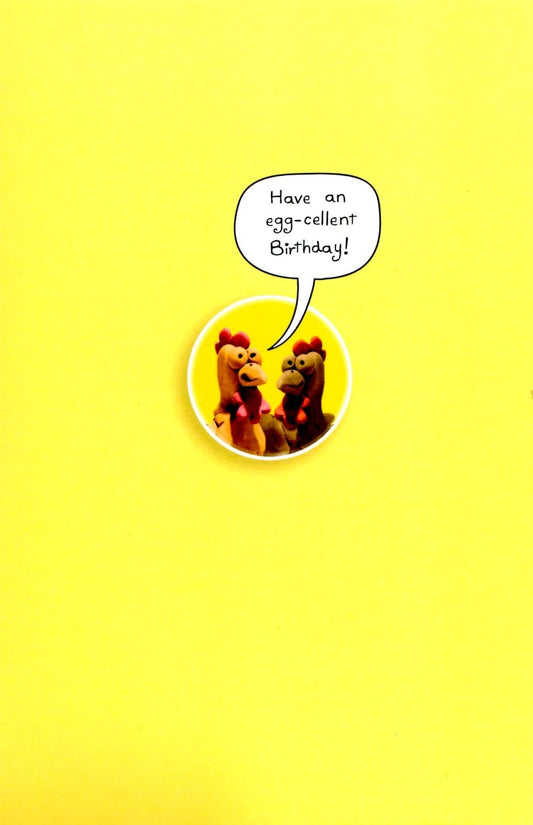 Funny birthday greeting card for him featuring a humorous chicken joke, from UK Greetings, with colorful cartoon chicken illustration.