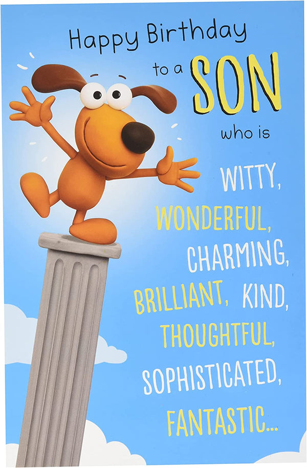 Funny birthday greeting card for son from UK Greetings, featuring colorful cartoon illustrations and playful message inside.