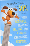 Funny birthday greeting card for son from UK Greetings, featuring colorful cartoon illustrations and playful message inside.