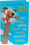 Funny birthday greeting card for son from UK Greetings, featuring colorful cartoon design and humorous message.