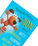 Funny birthday greeting card for son with humorous design, featuring colorful illustrations and playful text from UK Greetings.