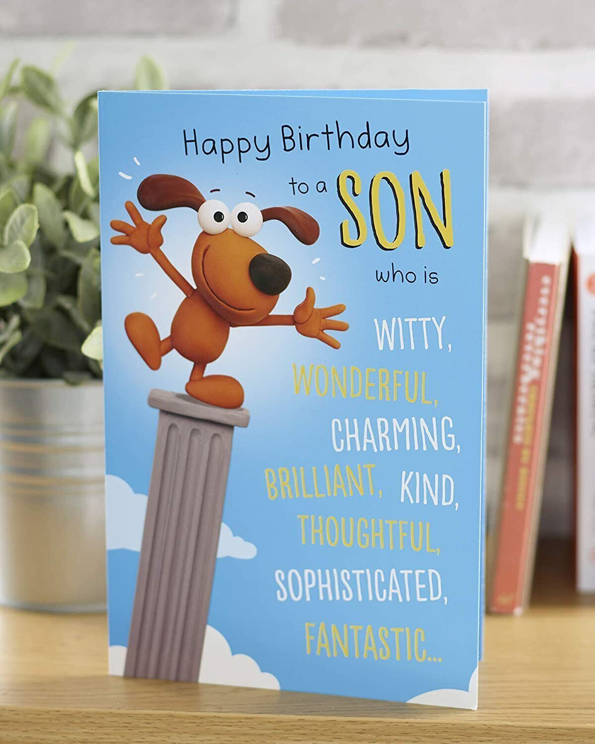 Funny birthday greeting card for son from UK Greetings featuring colorful, humorous design suitable for celebrating his special day.