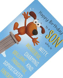 Funny birthday greeting card for son featuring colorful design and playful message, by UK Greetings.