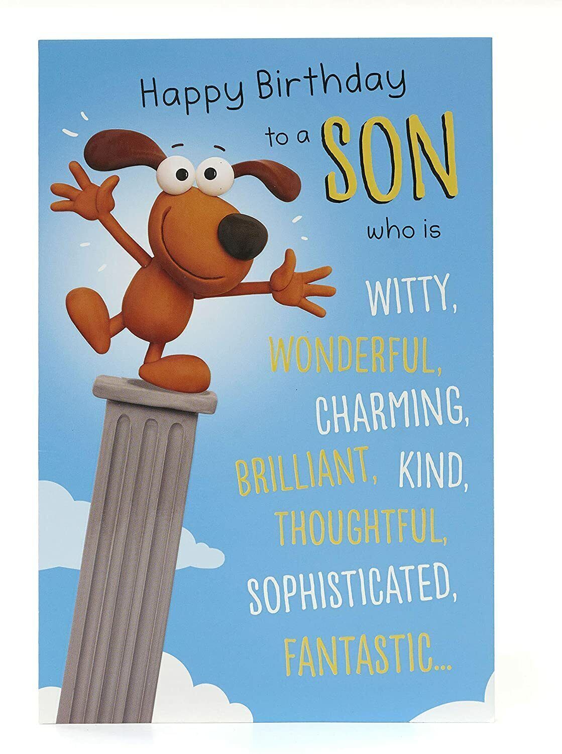 Funny birthday greeting card for son from UK Greetings, featuring humorous design and cheerful message in a colorful layout.