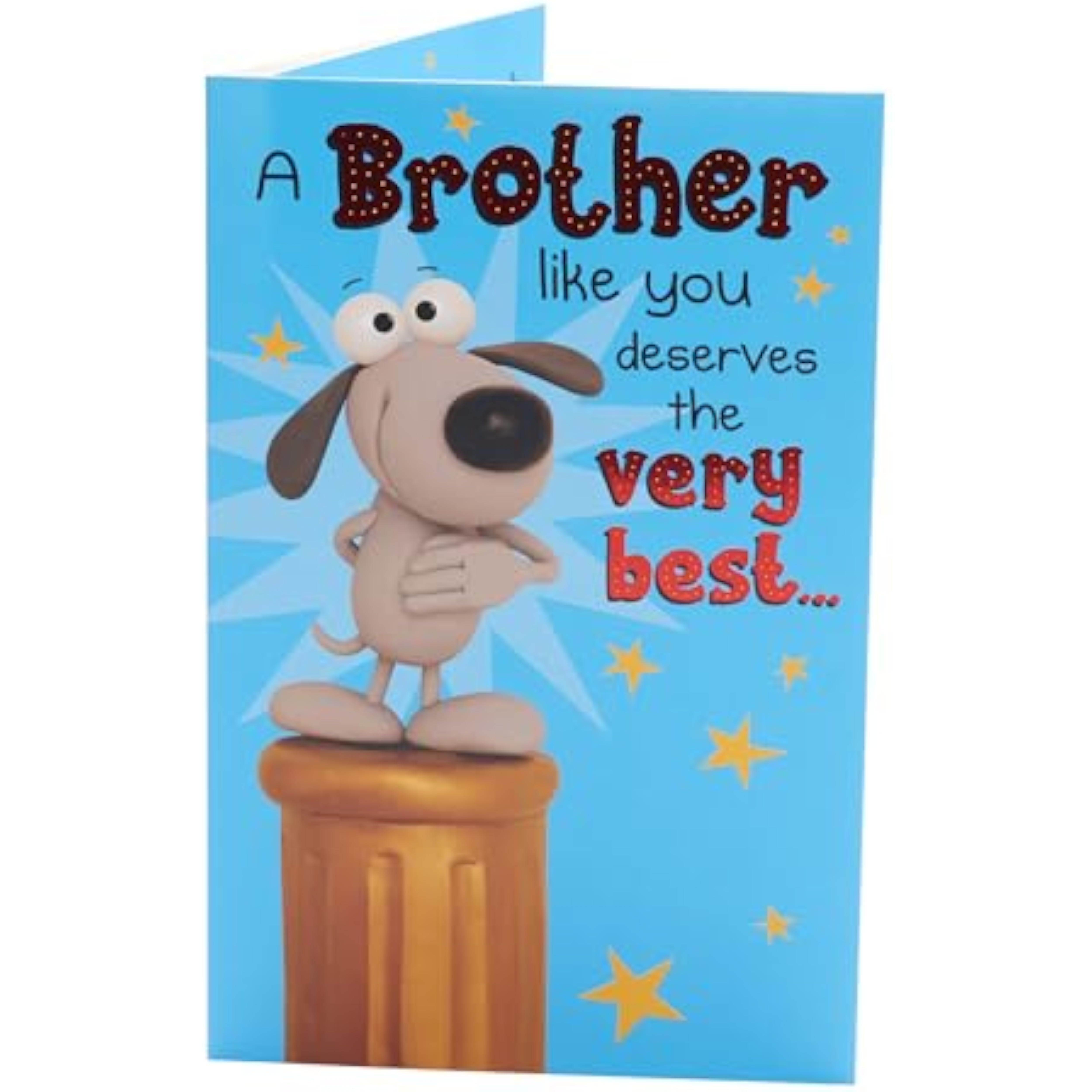 Funny Brother Birthday Greeting Card from UK Greetings showing humorous illustration and birthday message inside.