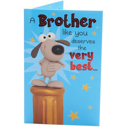 Funny Brother Birthday Greeting Card from UK Greetings showing humorous illustration and birthday message inside.