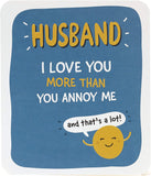 Humorous greeting card for husband featuring funny birthday message, UK Greetings brand, with playful design and cheerful colors.