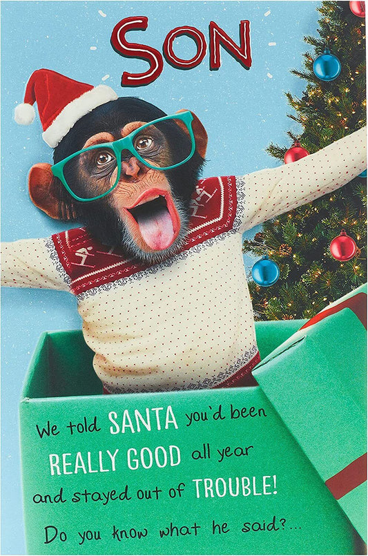 Funny Cheeky Champ Christmas greeting card for son featuring festive holiday design from UK Greetings.