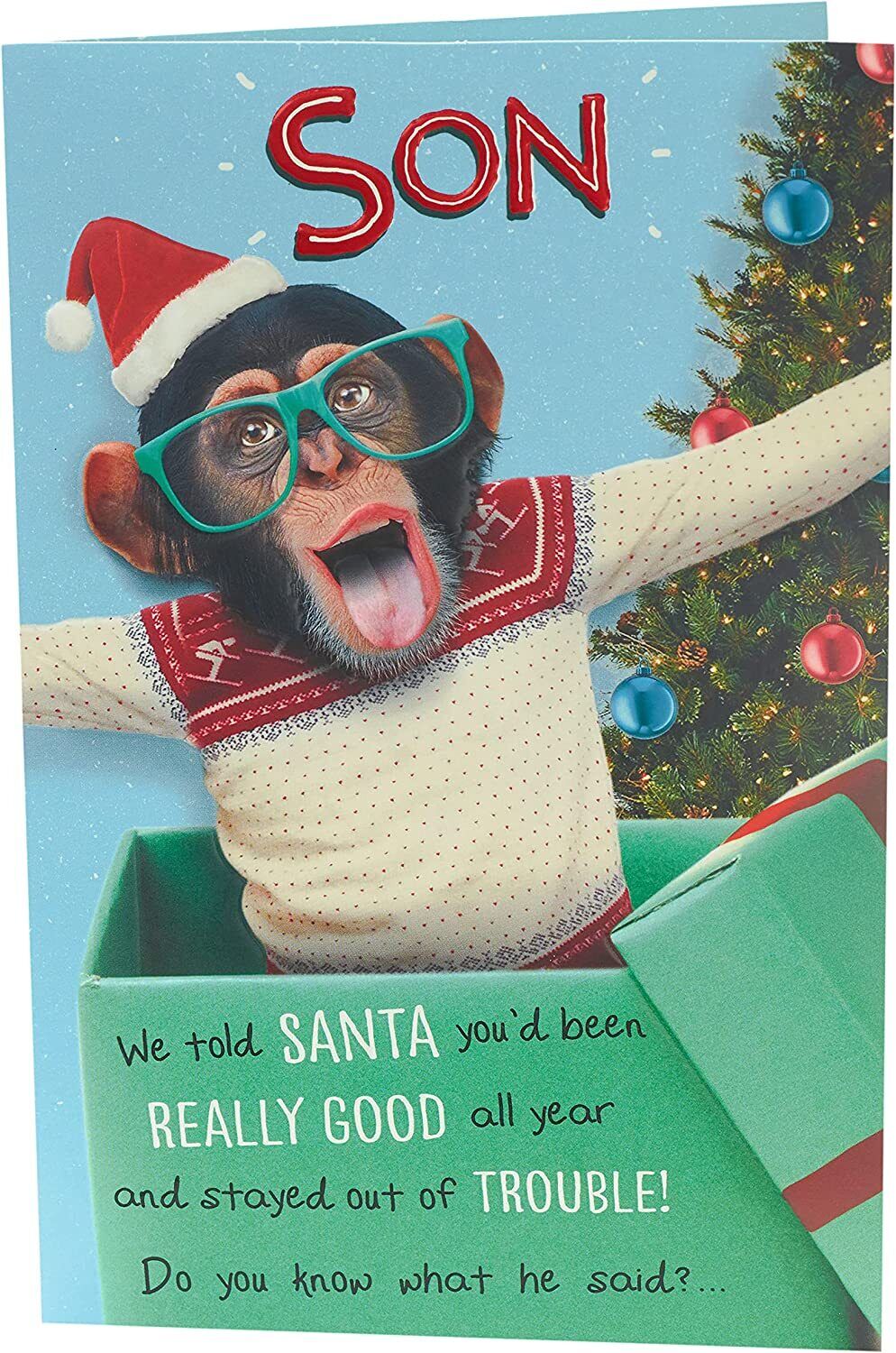 Funny Cheeky Champ Christmas Card for Son by UK Greetings, featuring festive design and humorous message for the holiday season.