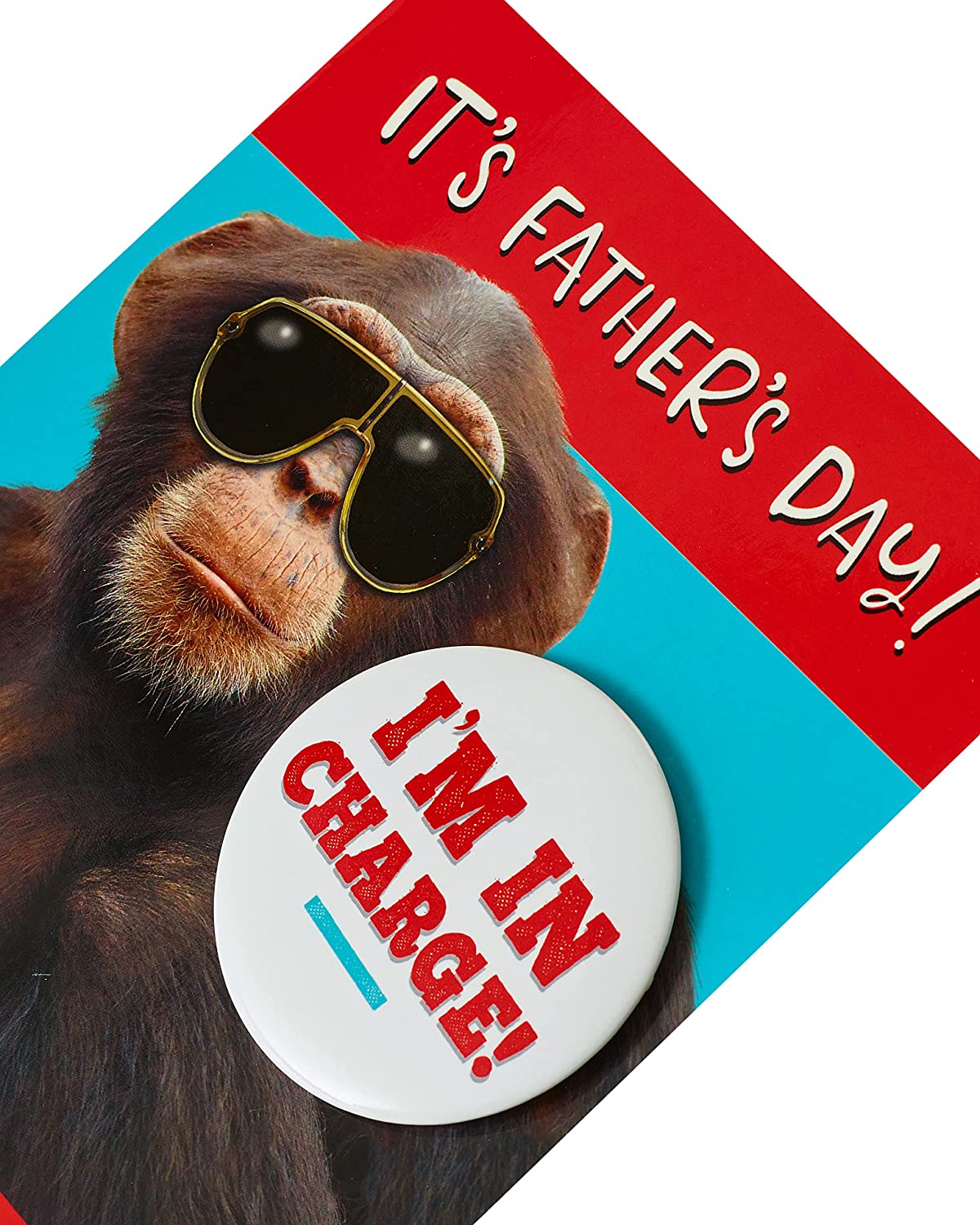 Funny chimp badge Father's Day greeting card from UK Greetings featuring a humorous chimp illustration.