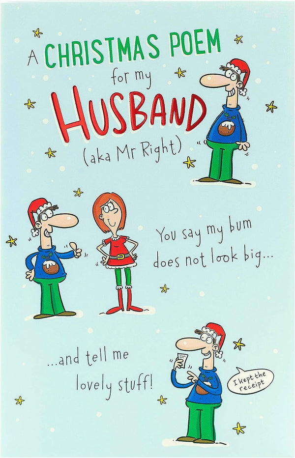 Funny Christmas poem greeting card for husband, featuring festive holiday design by UK Greetings, with red and green Christmas imagery.