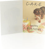 Funny dog-themed greeting card with a 4-letter word message, featuring playful dog illustrations and UK Greetings branding.