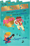 Humorous gamer-themed birthday greeting card for son from UK Greetings featuring playful gaming graphics and colorful design.
