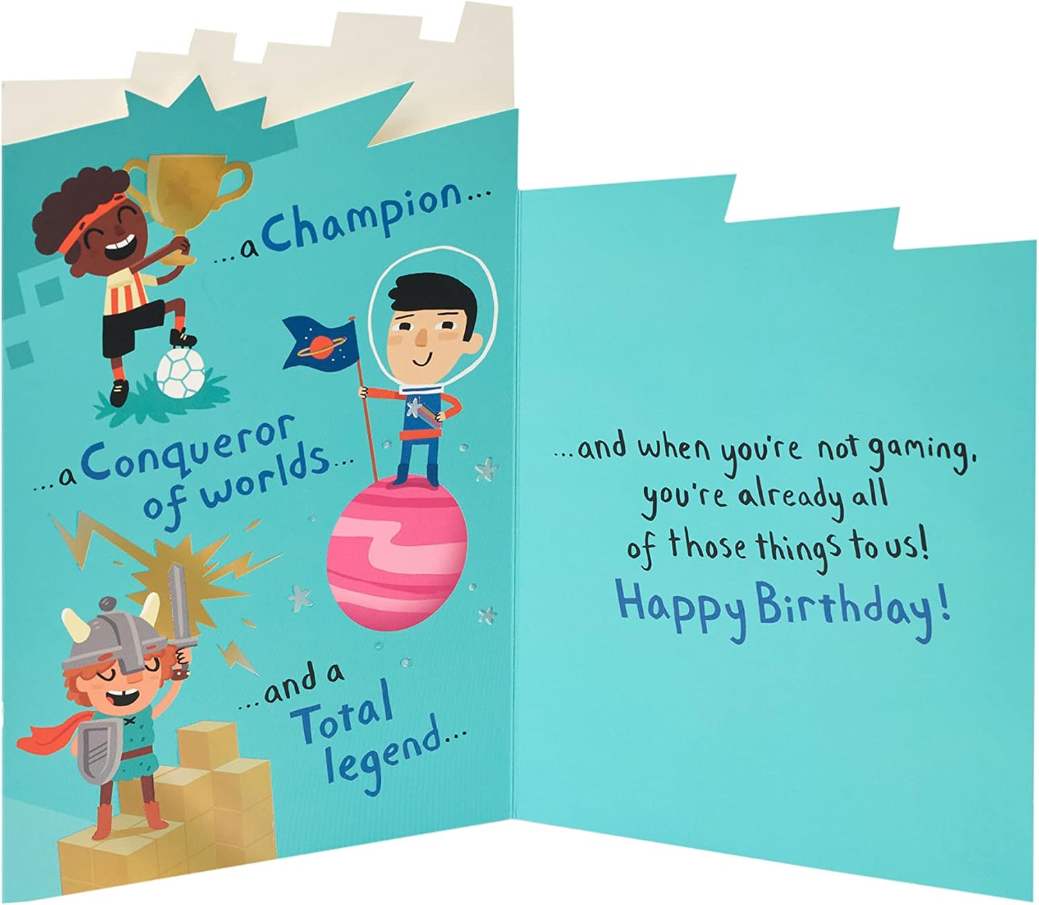 Funny gamer birthday greeting card for son from UK Greetings, featuring gaming-themed design and cheerful artwork.