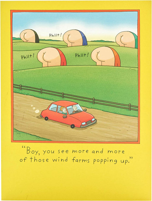 Funny wind farms birthday greeting card for him by UK Greetings, featuring humorous farm illustrations on the front.