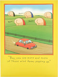 Funny wind farms birthday greeting card for him by UK Greetings, featuring humorous farm illustrations on the front.