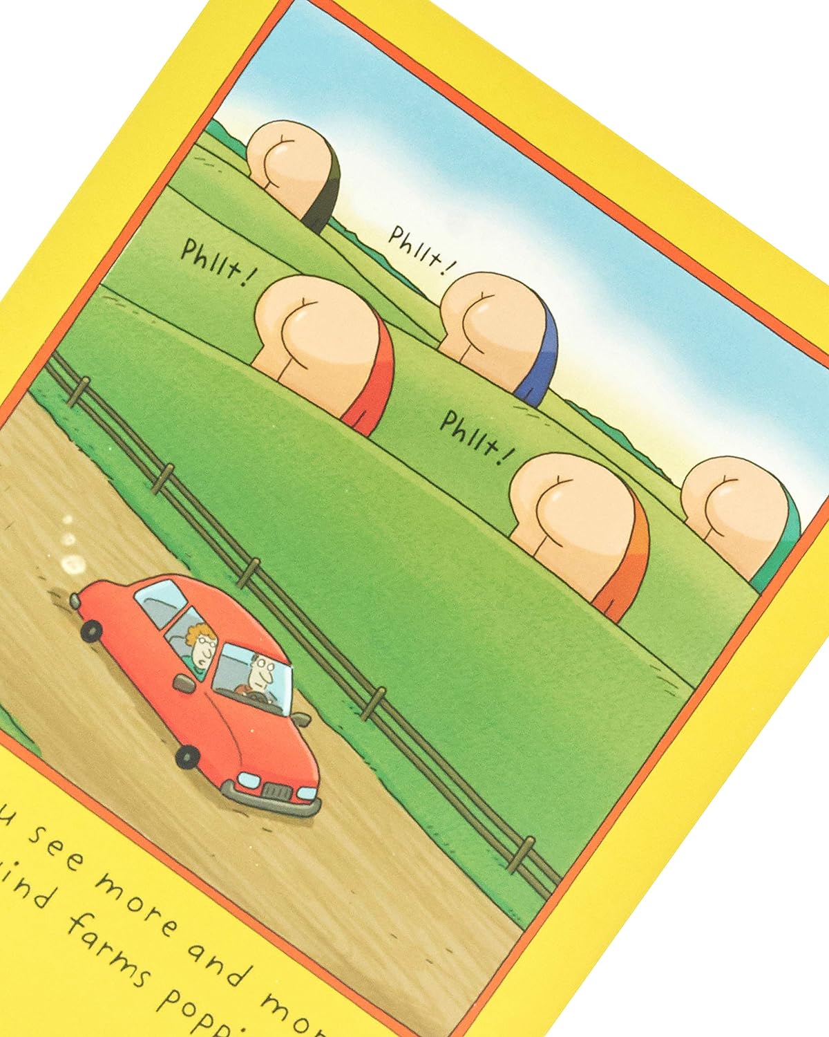 Funny wind farms birthday greeting card for him by UK Greetings, featuring colorful wind turbine illustrations and playful design.