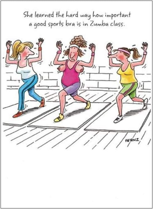 Funny Zumba Sports Bra birthday greeting card featuring vibrant Zumba-themed illustrations and playful birthday message.