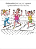 Funny Zumba Sports Bra birthday greeting card featuring vibrant Zumba-themed illustrations and playful birthday message.