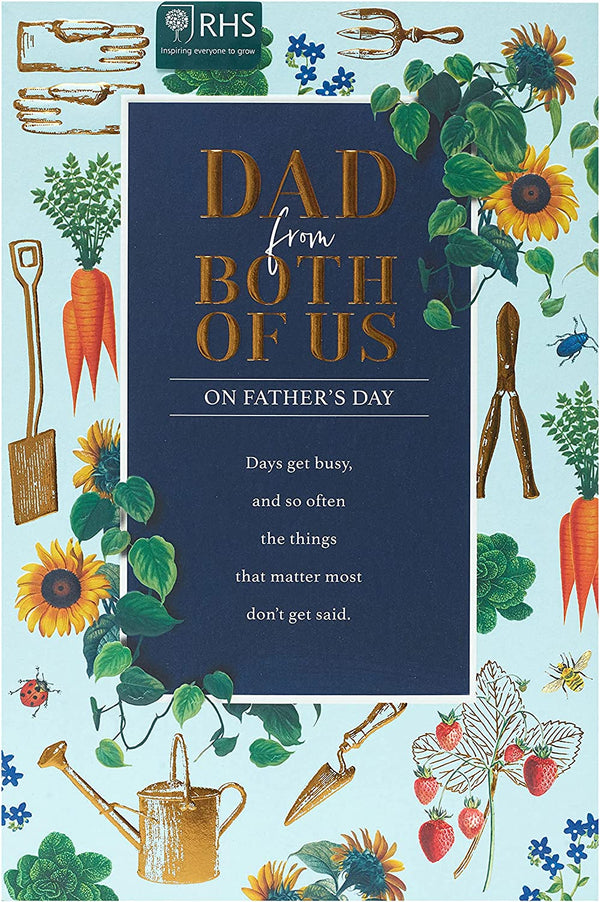 Gardening themed Father's Day greeting card for dad from both of us, UK Greetings, featuring floral and gardening illustrations.