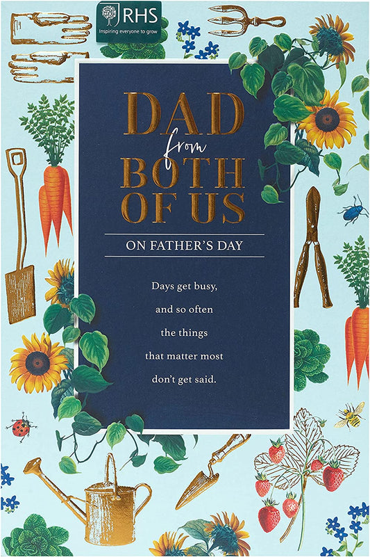 Gardening themed Father's Day greeting card for dad from both of us, UK Greetings, featuring floral and gardening illustrations.