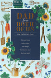 Gardening themed Father's Day greeting card for dad from both of us, UK Greetings, featuring floral and gardening illustrations.